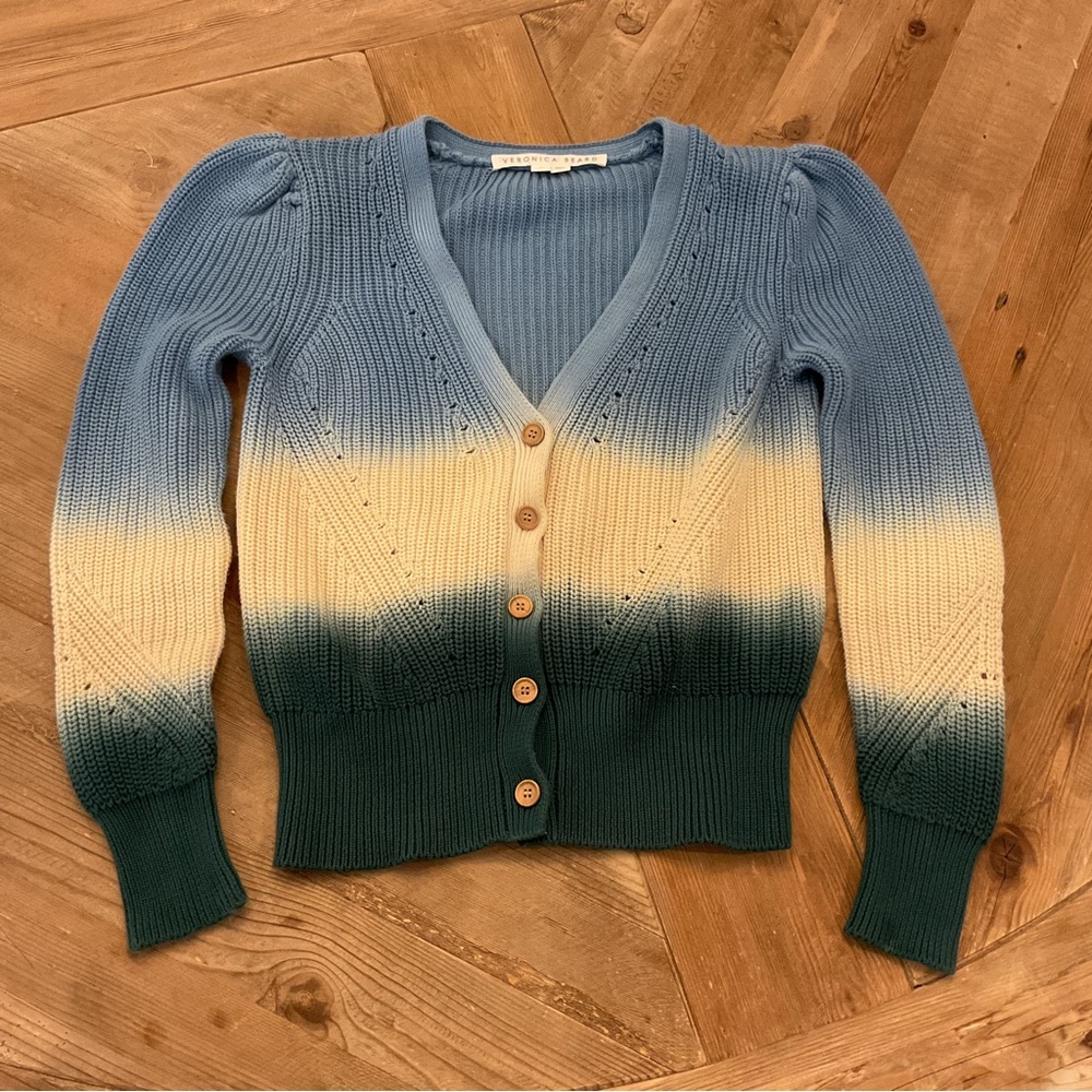 Veronica Beard Parula Cardigan XS Blue Ivoryβ Green Ombre Dip Dye Knit - Picture 4 of 8